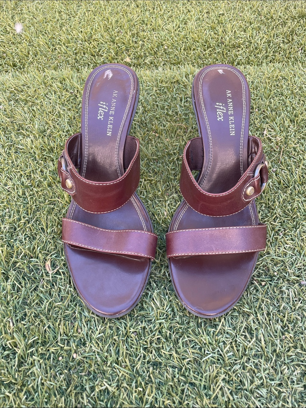 Anne Klein Brown Leather Slide Heels with Buckle Detail
